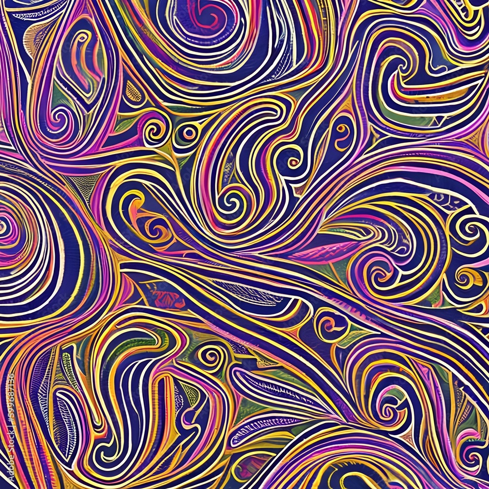 A swirling, paisley-like pattern in shades of pink and purple4, Generative AI