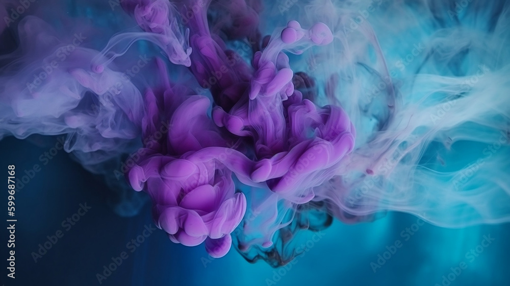 Colorful smoke. Mysterious storm sky. Mist floating. Blue purple glowing fog cloud wave abstract art background with free space. Generative AI