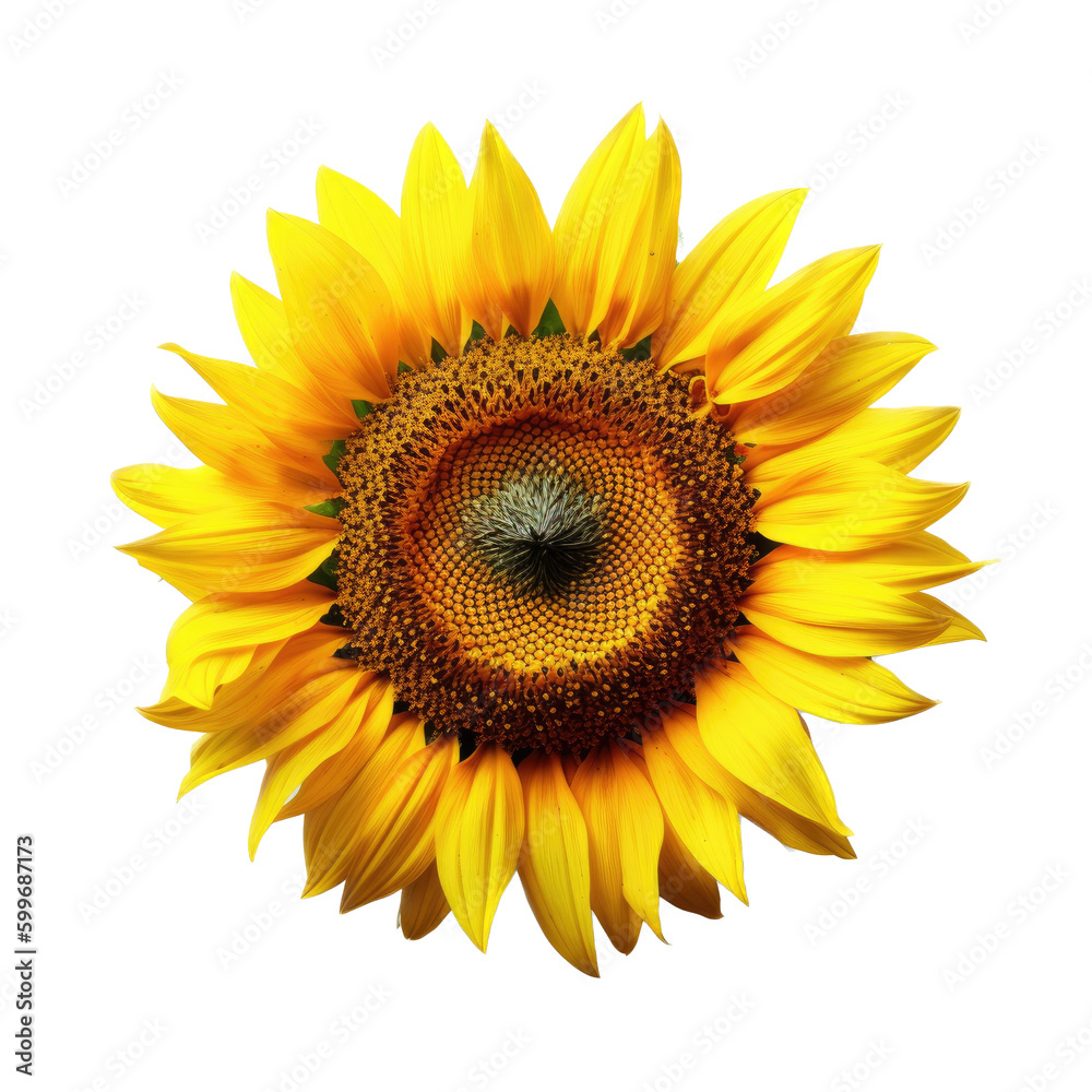 Fototapeta premium isolated Giant Sunflowers, with leaves and stock, Garden-themed, photorealistic illustrations on a transparent background cutout in PNG. Generative AI