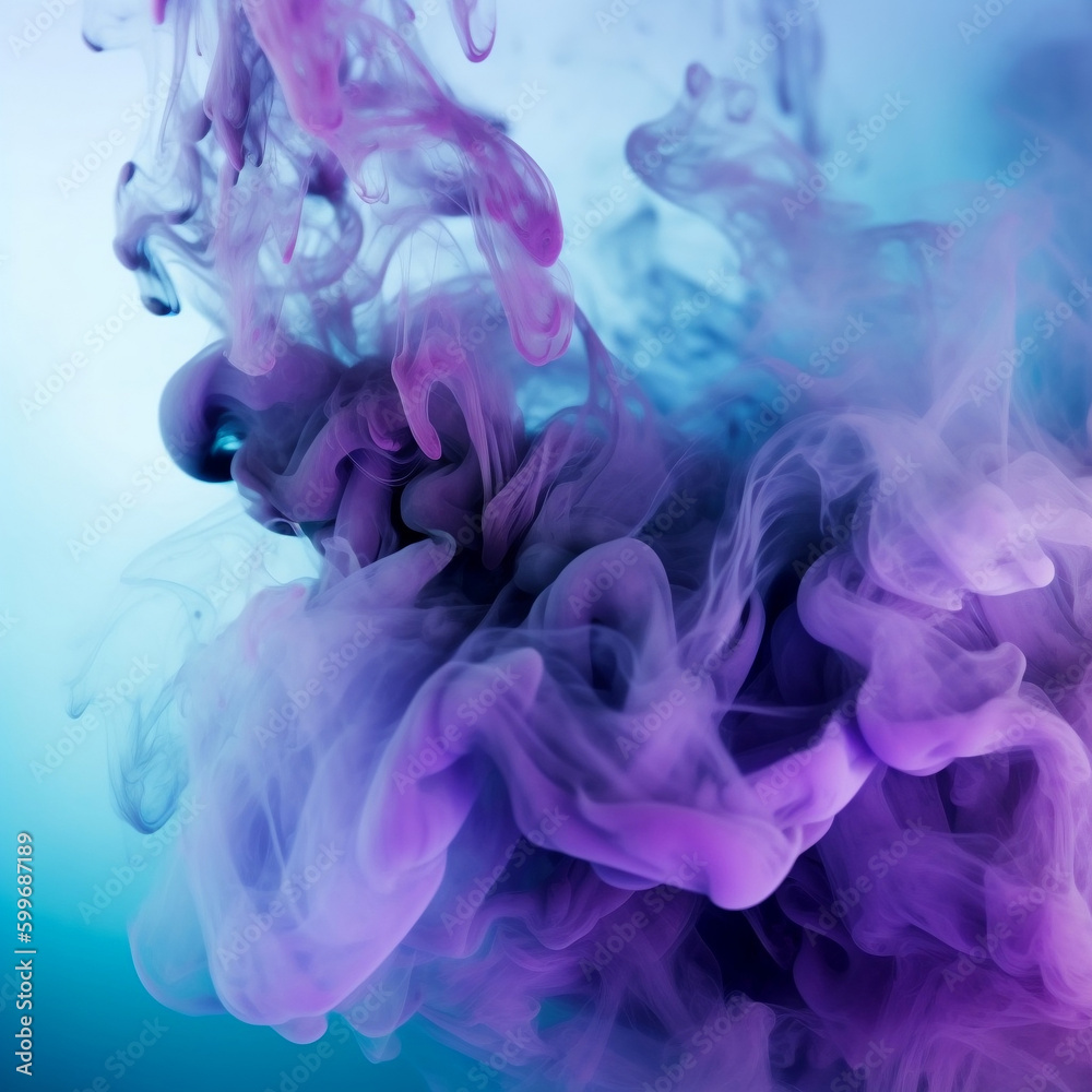 Colorful smoke. Mysterious storm sky. Mist floating. Blue purple glowing fog cloud wave abstract art background with free space. Generative AI