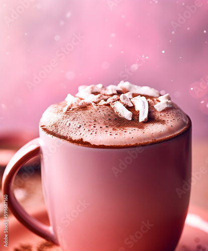 Cup of hot chocolate, pink background, generative ai.