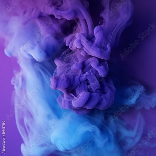 Colorful smoke. Mysterious storm sky. Mist floating. Blue purple glowing fog cloud wave abstract art background with free space. Generative AI