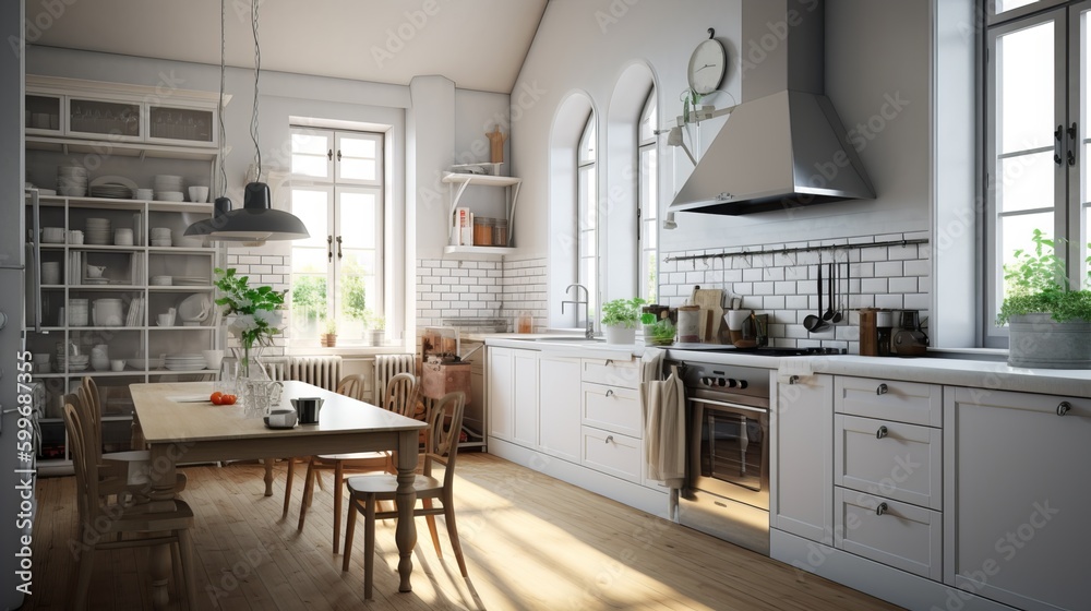 a white kitchen with a table and chairs a white kitchen with a table and chairs