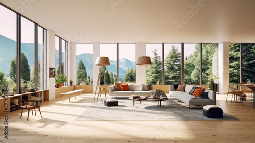 a living room filled with furniture and large windows © PixelHub
