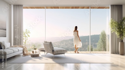 a woman in a white dress standing in a living room