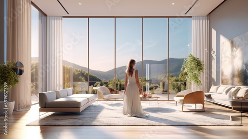 a woman in a white dress standing in a living room
