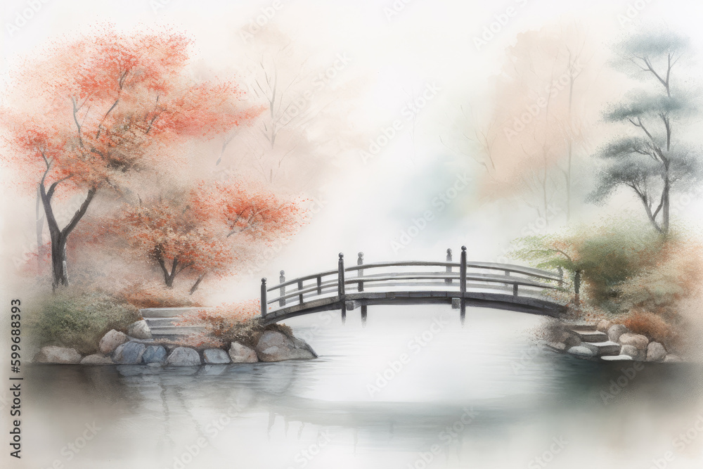 Fototapeta premium Watercolour pencil illustration of a serene Japanese zen garden with maple trees surrounding a small pond. Generative AI