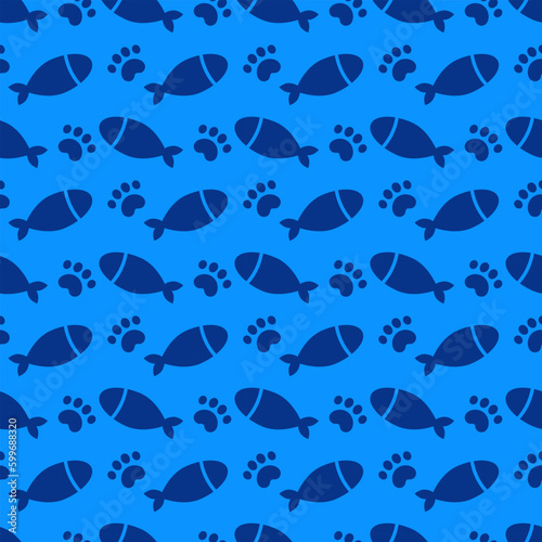 Abstract pattern of small fish and paw pet in random on blue background cartoon vector pattern