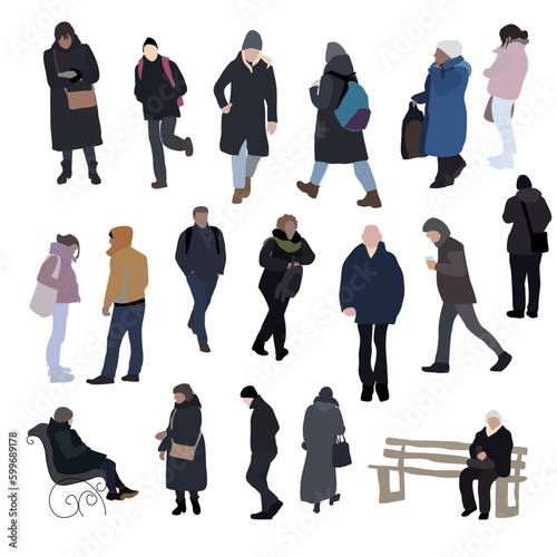 Set of vector images of men, women and children. Silhouettes of people in different poses, walking, standing, with their backs turned. Urban park environment