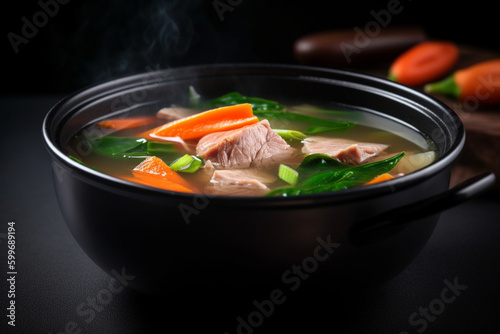 Sinigang na Baboy or Filipino Pork Meat Soup in black , Generative Ai photo