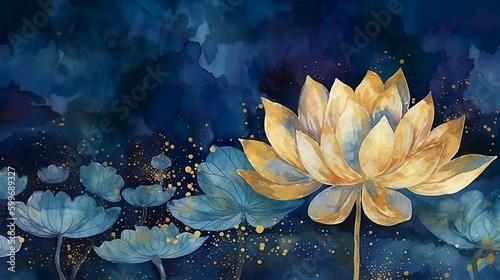 Fototapeta Naklejka Na Ścianę i Meble -  lotus lily water flower wallpaper, gold on dark blue background, banner, mural art, watercolor illustration with some sparkle and glitter. Generative AI