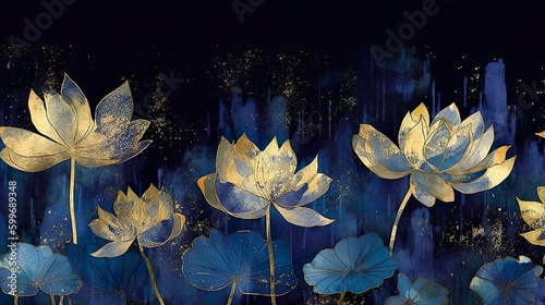 Fototapeta Naklejka Na Ścianę i Meble -  tropical lotus flower wallpaper, gold on dark blue background, banner, mural art, watercolor illustration with some sparkle and glitter. Generative AI