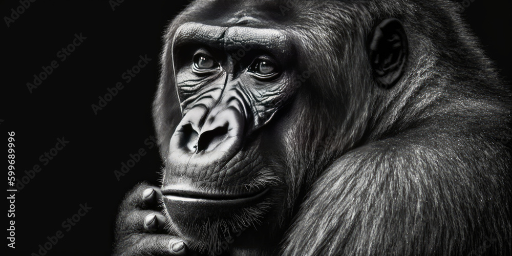 A simple but captivating black and white retro-portrait of a monkey that arouses curiosity and inspires the imagination. Generative AI