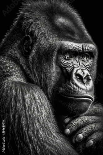 A timeless black and white portrait of a gorilla, capturing its majesty and dignity. An elegant and understated image that will make a strong graphic statement. Generative AI