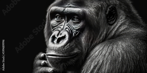 A simple but captivating black and white retro-portrait of a monkey that arouses curiosity and inspires the imagination. Generative AI © XaMaps