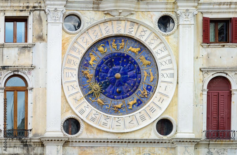 Obraz premium VENICE, Italy - September 30, 2022:View of Zodiacal clock in Venice. Located in the Clock Tower at Piazza San Marco, the most famous square in Venice. Close-up with details