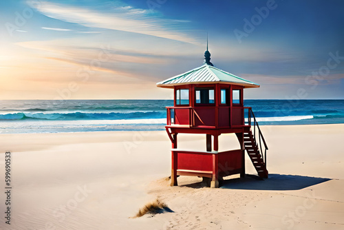 Lifeguard tower on the beach watercolor, generative ai © 3D Lab Academy
