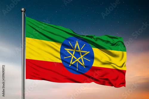 Waving flag of the Ethiopia. Pole Flag in the Wind. National mark. Waving Ethiopian Flag. Ethiopia Flag Flowing.