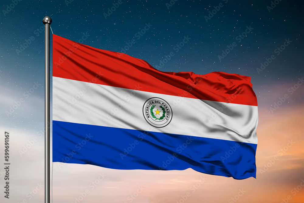 Waving flag of the Paraguay. Pole Flag in the Wind. National mark. Waving Paraguay Flag. Paraguay Flag Flowing. Waving flag of the Paraguay. Pole Flag in the Wind. National mark. Waving Paraguay Flag. Paraguay Flag Flowing.