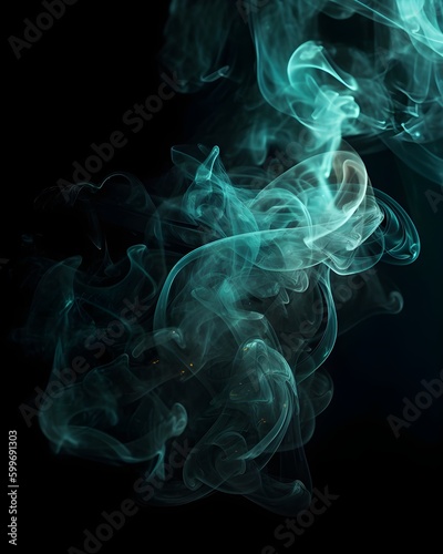 Enchanting teal blue glitter particles form a smoke-like veil and nocturnal mist, suspended over a deep black abstract backdrop.