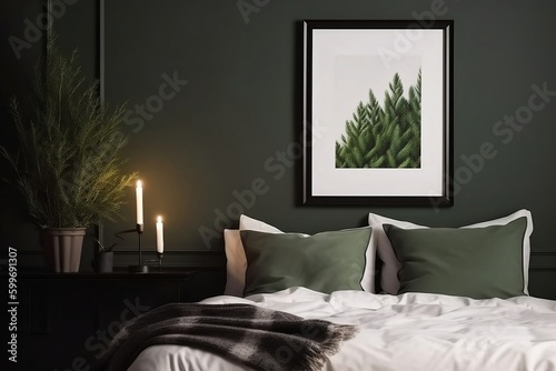 Vertical black picture frame on the sage wall. Elegant bedroom view. White, green linen pillows, blanket. Nightstand with pine tree branches, a vase, Christmas winter interior