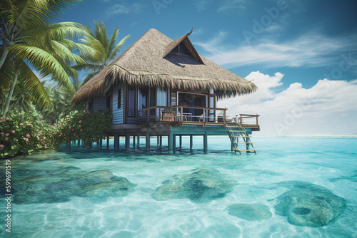 Paradise beach with turquoise water and overwater bungalow. Tropical resort with an overwater villa set in a turquoise lagoon. Generative AI