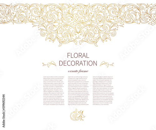 Vector floral gold seamless border, frame, vignettes. Arabic and Eastern motifs. Ornamental illustration, flower garland. Isolated line art ornaments. Golden ornament with leaves, curls for card