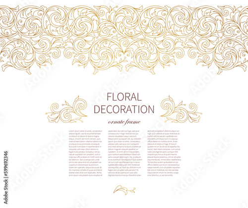 Floral gold seamless border, frame, vignettes. Arabic and Eastern motifs. Ornamental illustration, flower garland. Isolated line art ornaments. Golden ornament with leaves, curls for invitations, card