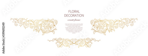 Vector floral gold decoration, frame, vignettes. Arabic and Eastern motifs. Arab ornamental illustration, flower garland. Isolated line art ornaments. Golden ornament with leaves, curls for card