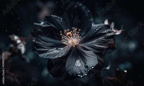  a black flower with drops of water on it's petals. generative ai