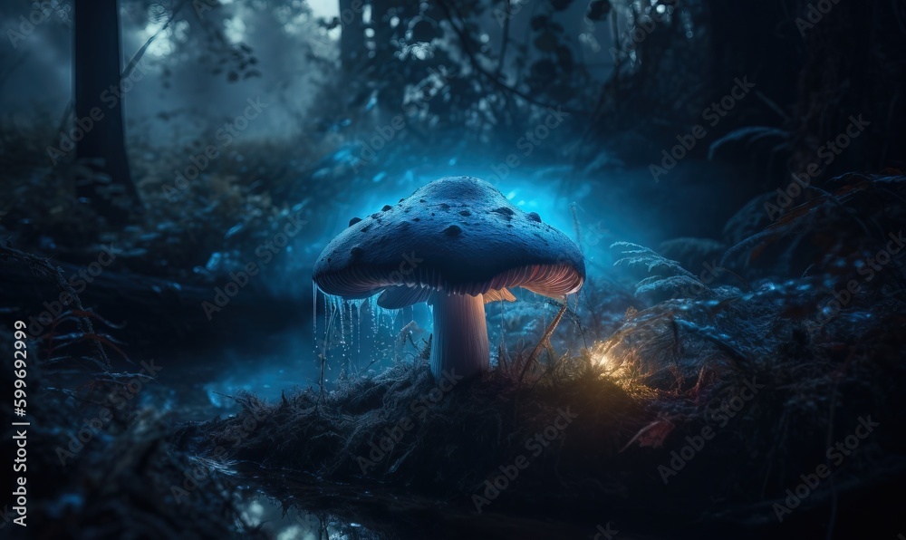 Fototapeta premium a blue mushroom in the middle of a forest with a light shining on it. generative ai