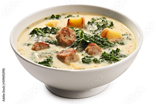 A bowl of soup with meat, potatoes and kale. Generative AI.