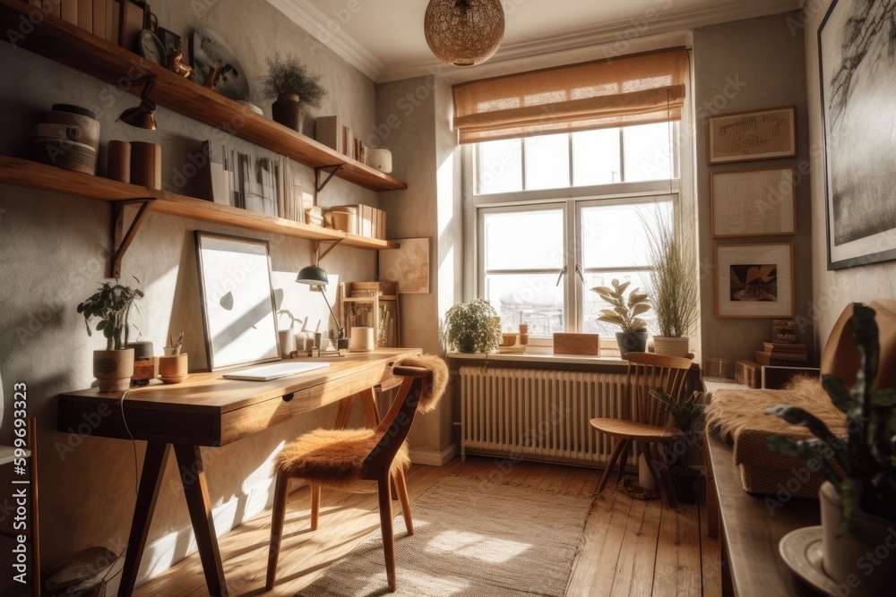 Fototapeta premium Creative Workspace Home office with Abstract Art, Generative AI