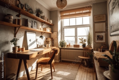 Creative Workspace Home office with Abstract Art, Generative AI