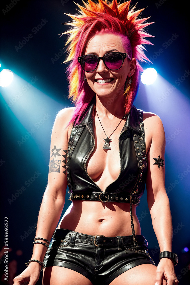 Portrait of an aged woman, as rock star, with red hair and sunglasses on a stage with lights and illumination. Generative AI. Portrait of an aged woman, as rock star, with red hair and sunglasses on a stage with lights and illumination. Generative AI.