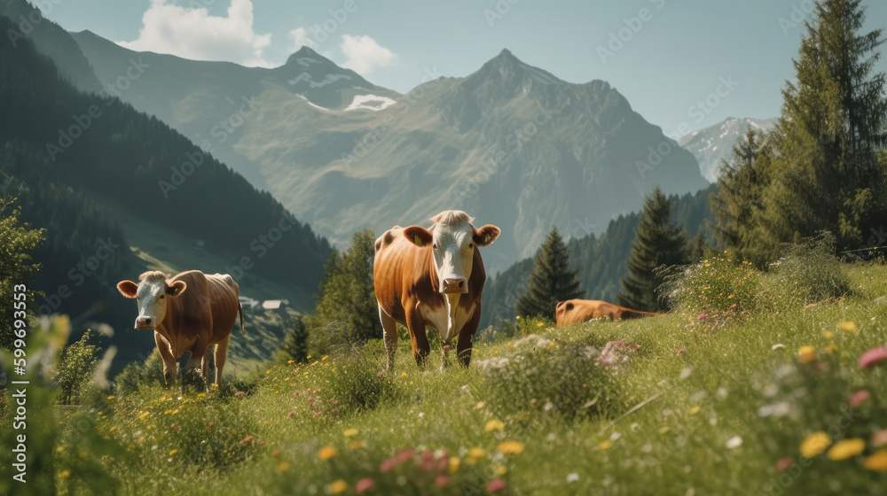 Cows in sunny meadow. Illustration AI Generative.
