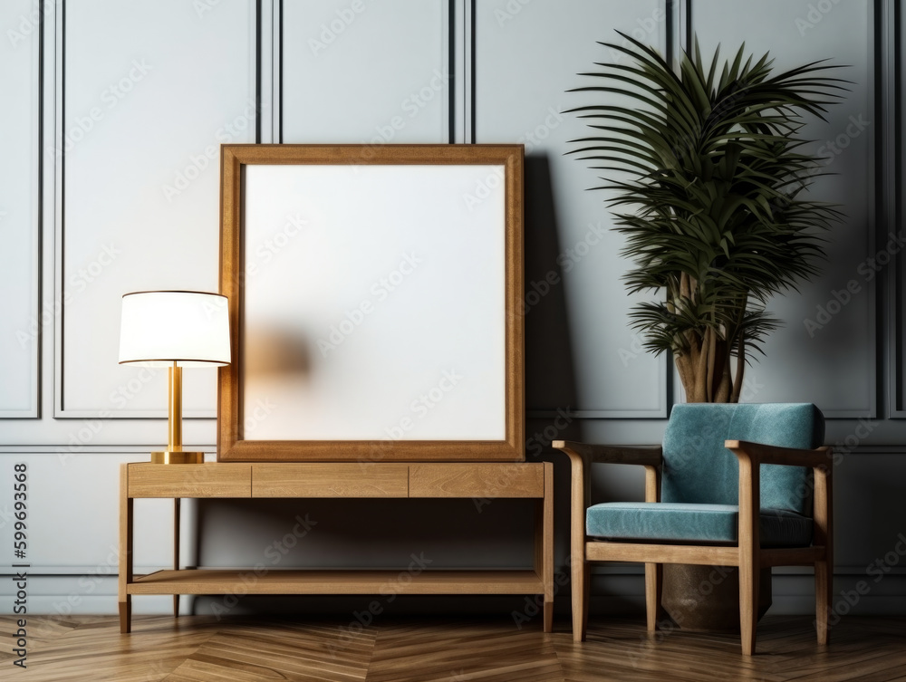 Fototapeta premium picture frame on a cabinet with scandinavian home interior, Generative Ai