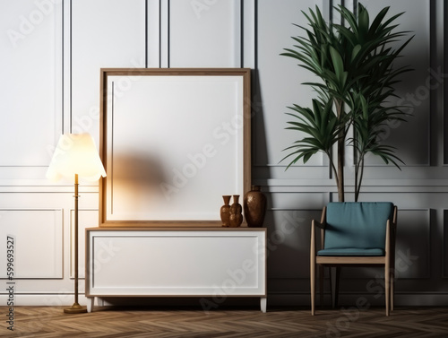 Modern living room interior with empty picture frame, armchair and plants. Mock up, picture frame on a cabinet with scandinavian home interior, Generative Ai