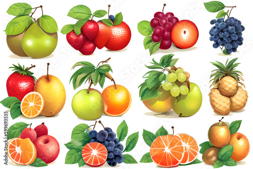 A set of exotic fruits and berries ( green and blue grapes, orange, strawberry, pineapple ) with green leaves isolated on a white background. Generative AI.