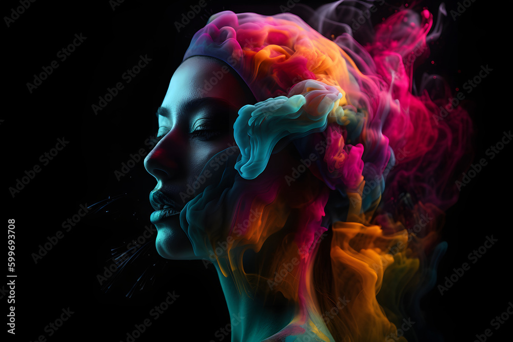 Magical colorful smoke coming out of a woman. Concept background. Magical colorful smoke coming out of a woman. Concept background.