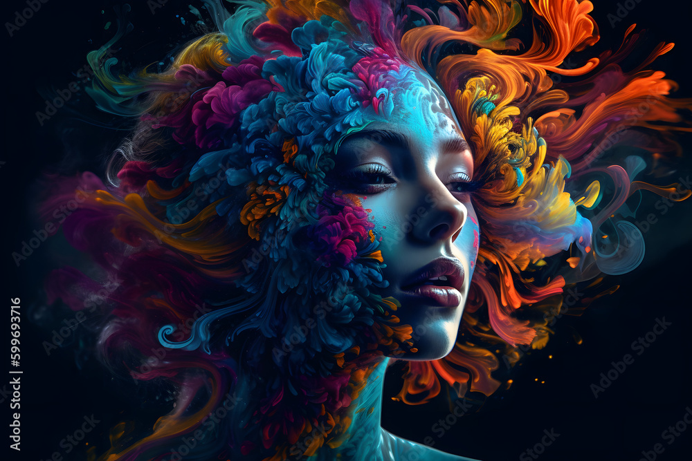 Magical colorful smoke coming out of a woman. Concept background. 