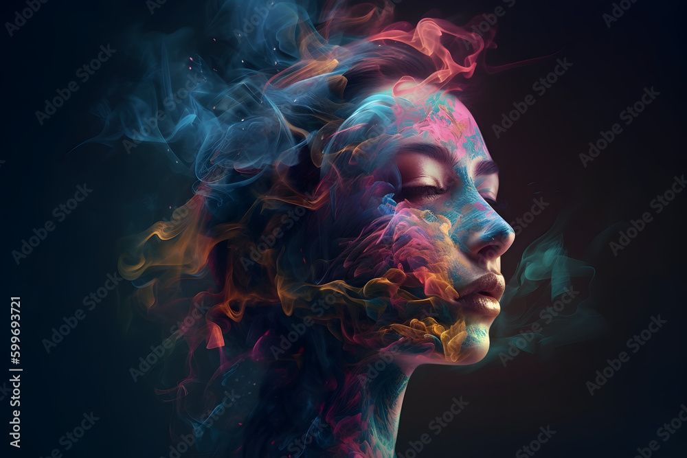 Magical colorful smoke coming out of a woman. Concept background. Magical colorful smoke coming out of a woman. Concept background.