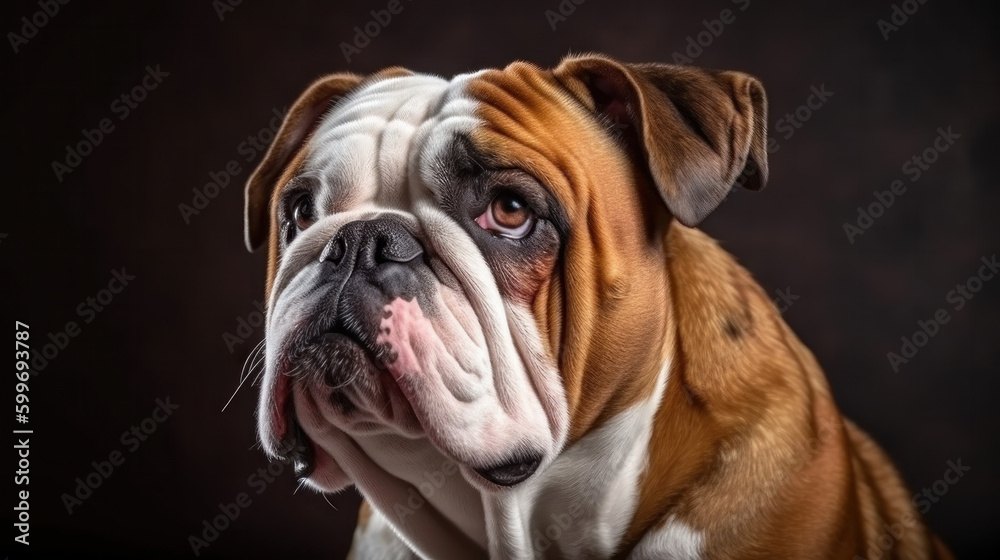 Portrait of a serious english bulldog. Illustration AI Generative.
