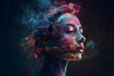 Magical colorful smoke coming out of a woman. Concept background. 