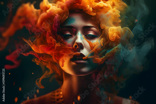 Magical colorful smoke coming out of a woman. Concept background.