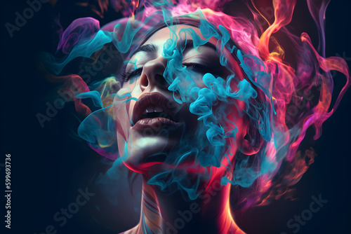 Magical colorful smoke coming out of a woman. Concept background.