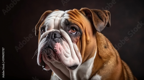 Portrait of a serious english bulldog. Illustration AI Generative.