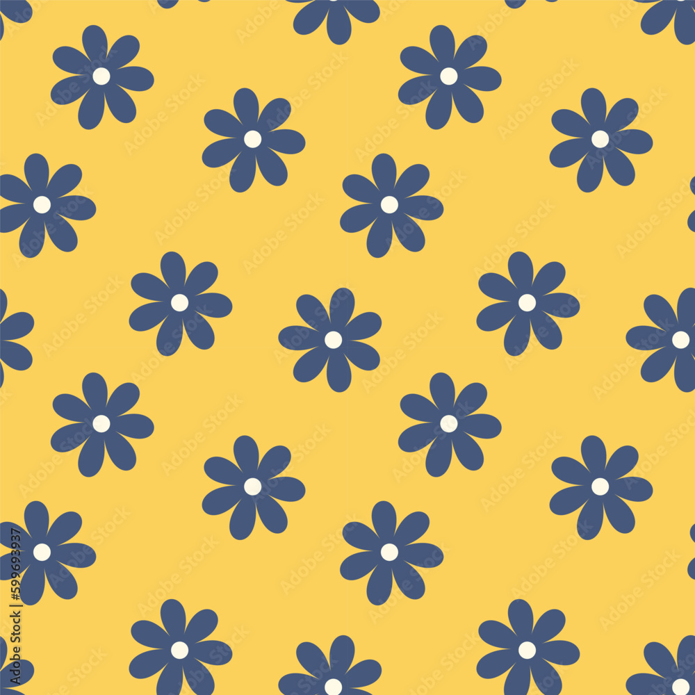 blue flower on yellow background seamless pattern. simple print in dusty summer colors. blue flower on yellow background seamless pattern. simple print in dusty summer colors.