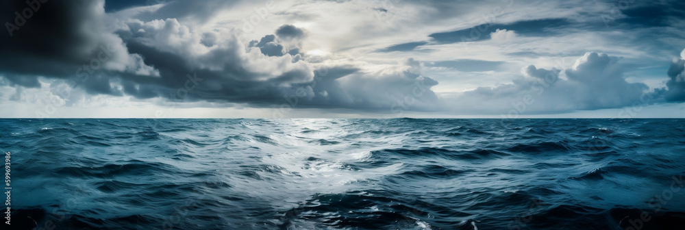 A blue ocean with clouds in the sky and water below, generative ai A blue ocean with clouds in the sky and water below, generative ai