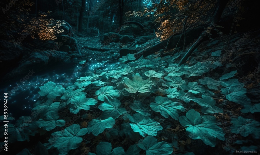  a group of green leaves on the ground in a forest.  generative ai